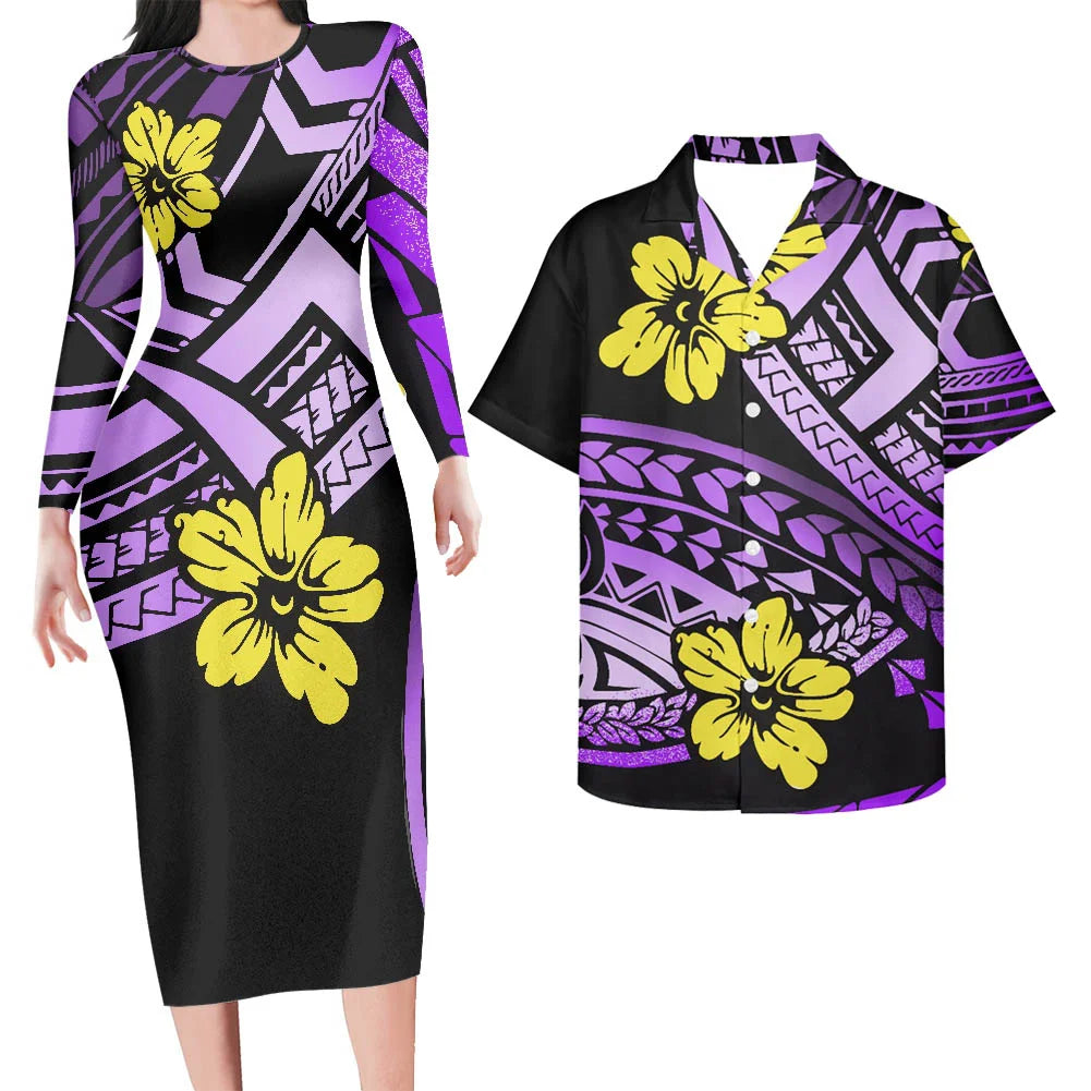 Valentine's Days Couple Clothing Set Plus Size Women's Dresses Matching Men Shirts Pacific Island Pattern Women Elegant Dresses