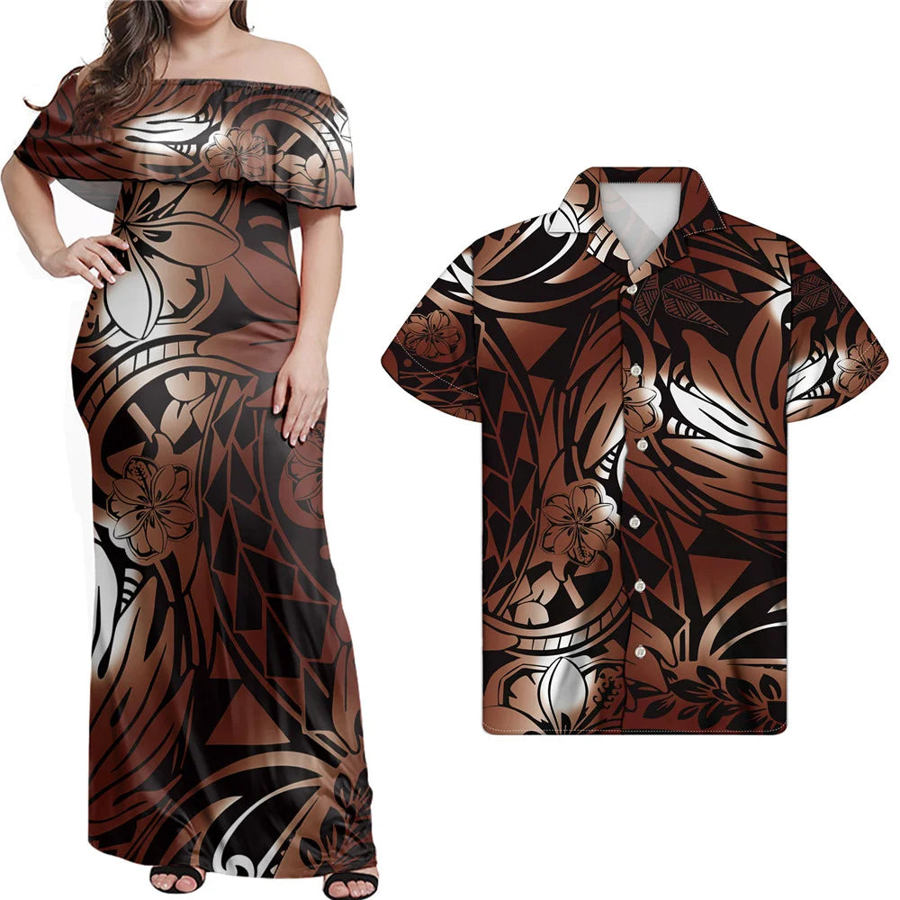 Polynesian Design Outfits Women's Off the Shoulder Dress Luxury Tribal Tropical Print Elegant Party Clothing Pacific Island Wear