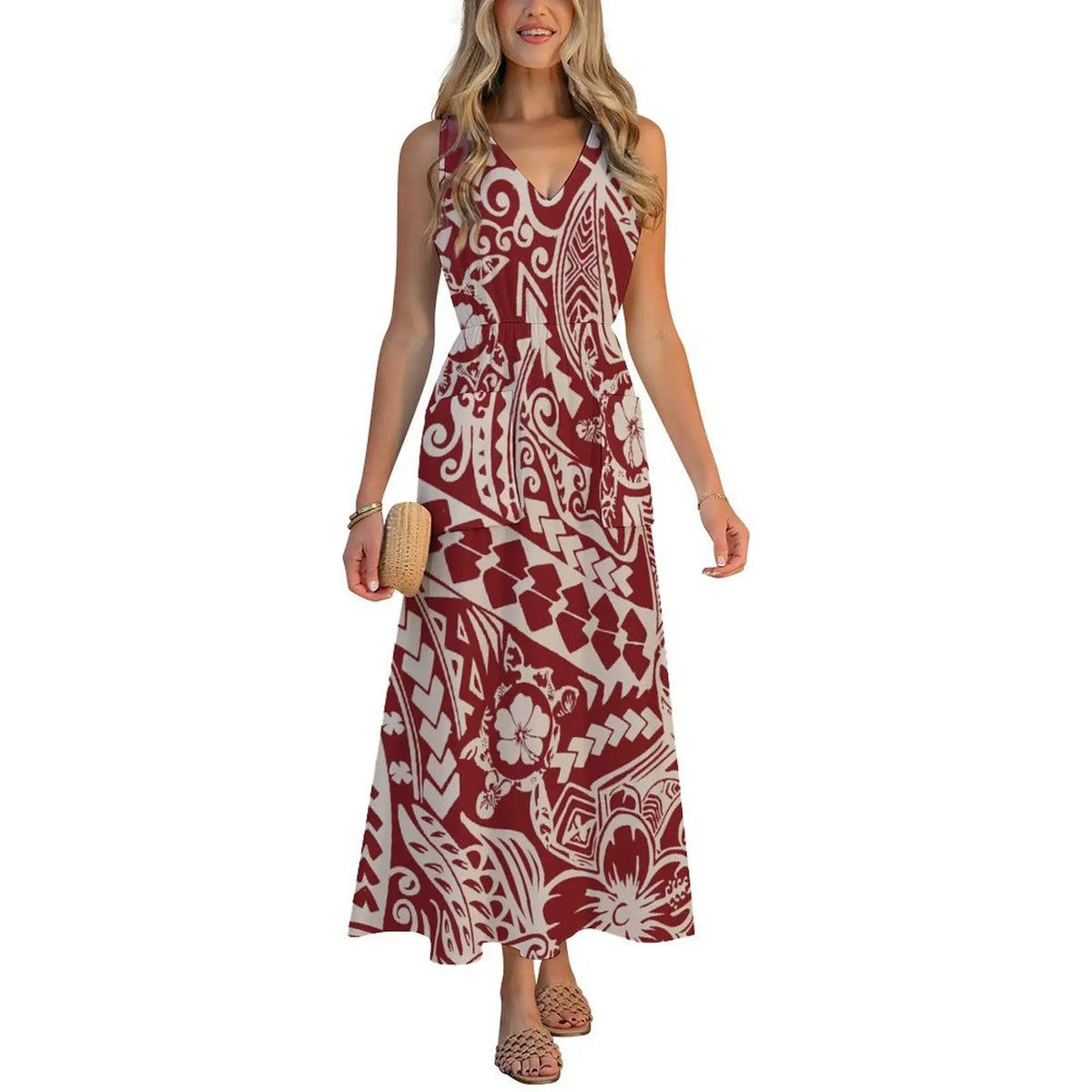 Factory Wholesale Price Custom Sleeveless Design Ladies Dresses Pacific Island Design V-neck Vest I-pocket Dress Womens Dress