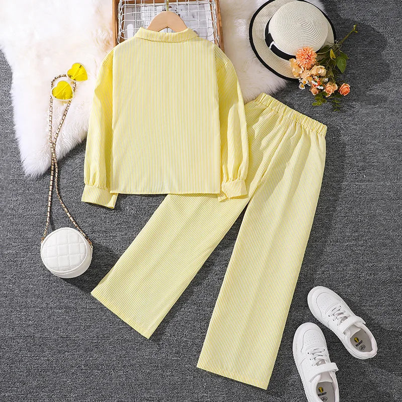 Medium and Large Children's Clothing Spring Children's Clothing New Arrival Striped Long Sleeve Shirt Top Trousers Girls Suit