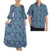 Pink Tribal Floral Matching Couple Outfit Ladies Flare Sleeve Long Dress Men Aloha Shirt Tropical Beach Vacation Matching Set