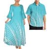 Pink Tribal Floral Matching Couple Outfit Ladies Flare Sleeve Long Dress Men Aloha Shirt Tropical Beach Vacation Matching Set