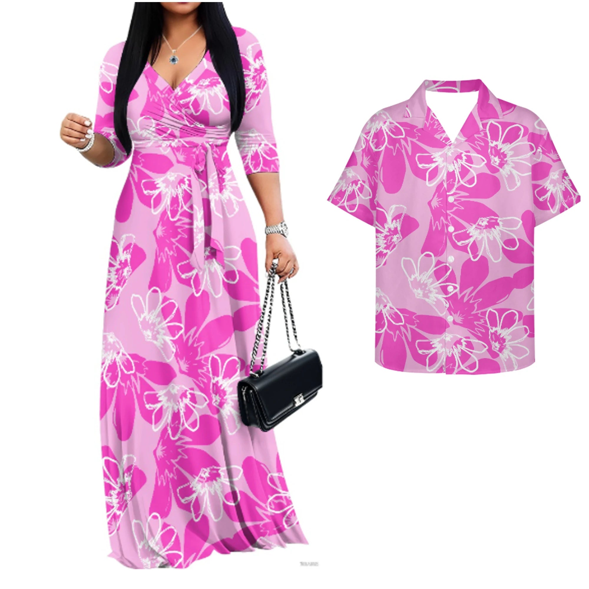 Vintage Couples Matchable Outfits His and Hers Matching Set Women Casual Long Maxi Dress with Pockets Men Hawaiian Design Shirts