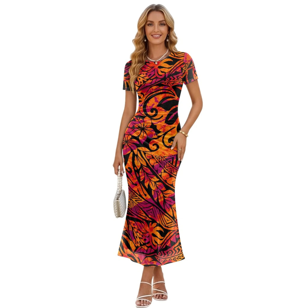 Fashion Trendy Polynesian Samoan Tattoo Tapa Design Plus Size Women Long Party Dress Round Neck Short Sleeved Elegant Slim Dress