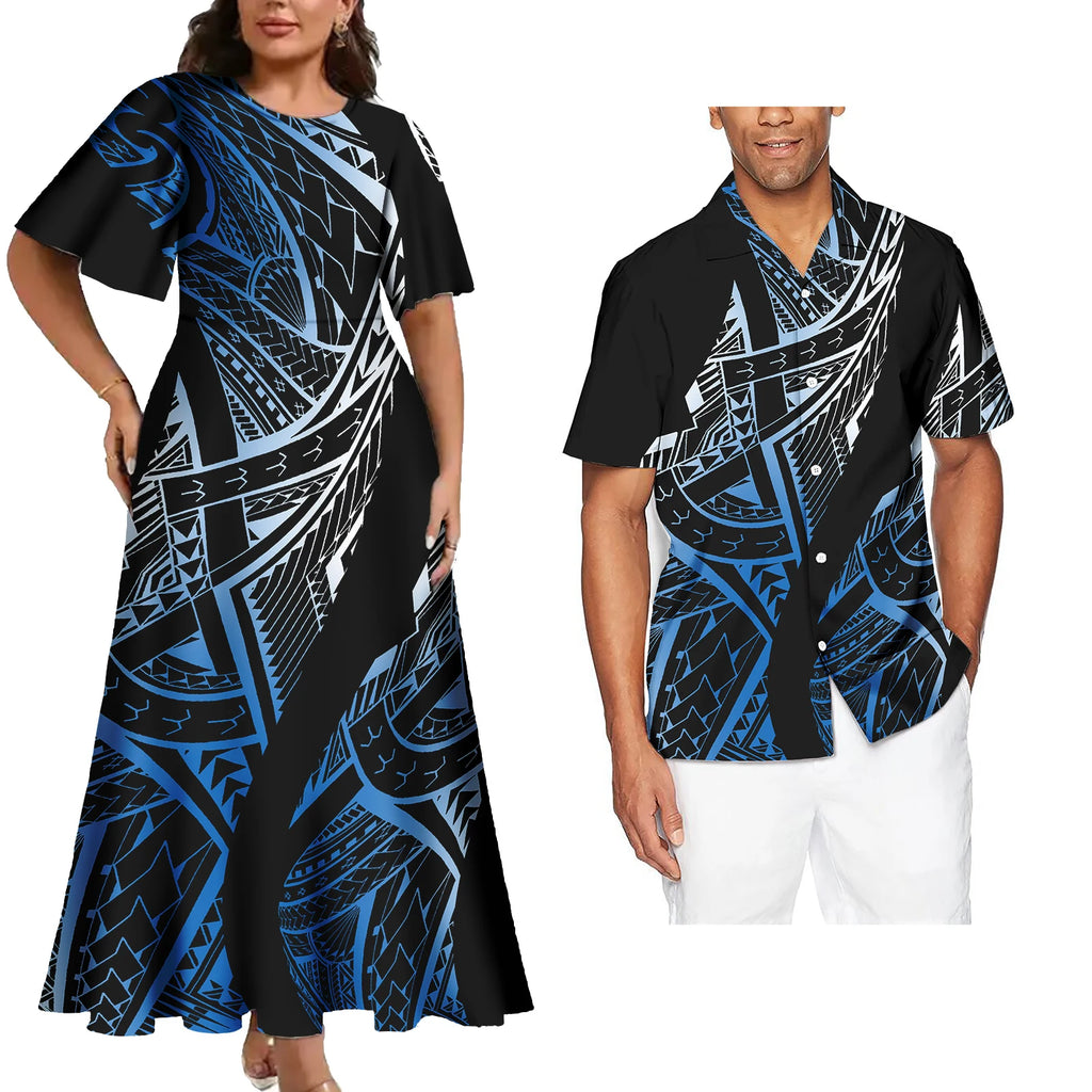 Hot Sales Polynesian Samoan Tribal Custom Design Women's Big Size Dress Match Men Shirts 2 Pcs Tattoo Sets of Couple