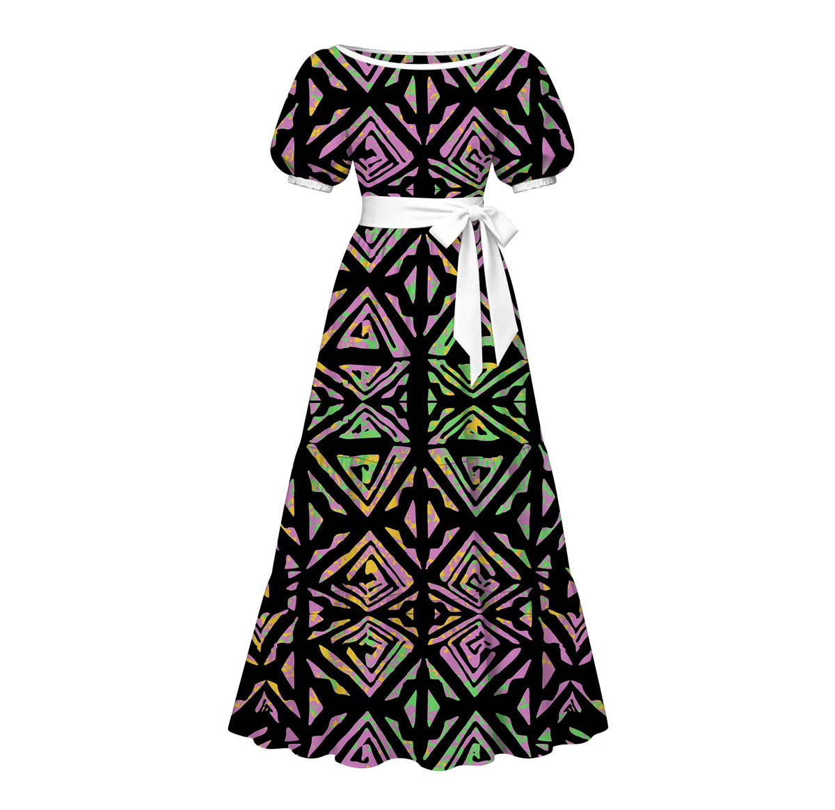 Factory Custom Split Teal White Red Polynesian Tribal Print Maxi Dress Women Boat Neck Puff Short Sleeve Pacific Island Dress
