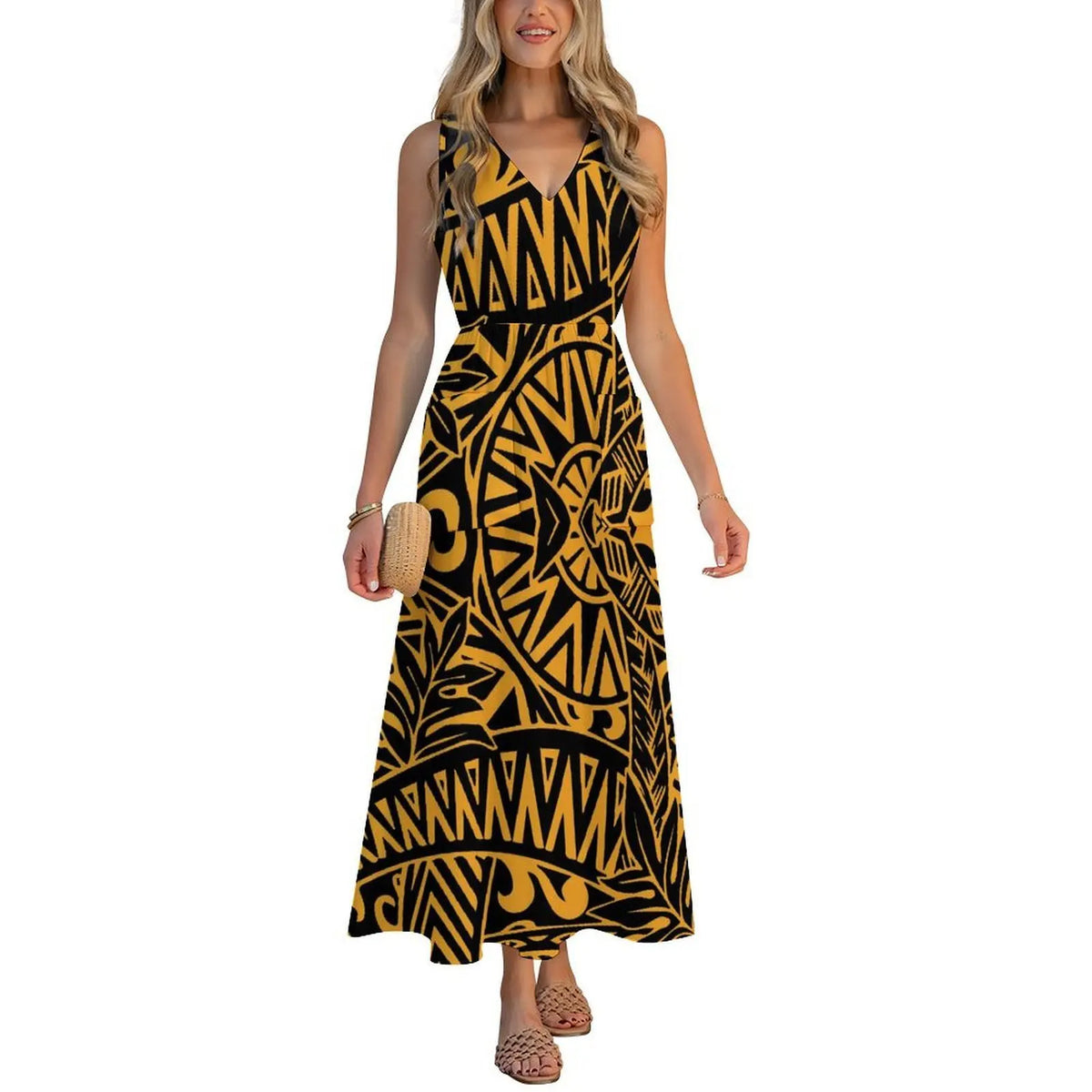 Factory Wholesale Price Custom Sleeveless Design Ladies Dresses Pacific Island Design V-neck Vest I-pocket Dress Womens Dress