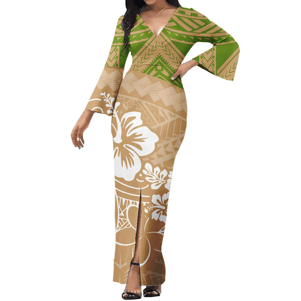 Polynesian Tribal Style Design Custom Logo Clothes Maxi Dresses Women Flare Sleeve Pacific Islander Bodycon Dress Samoan Dresses