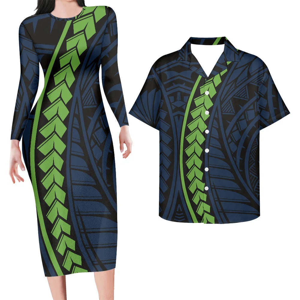Valentine's Days Couple Clothing Set Plus Size Women's Dresses Matching Men Shirts Pacific Island Pattern Women Elegant Dresses