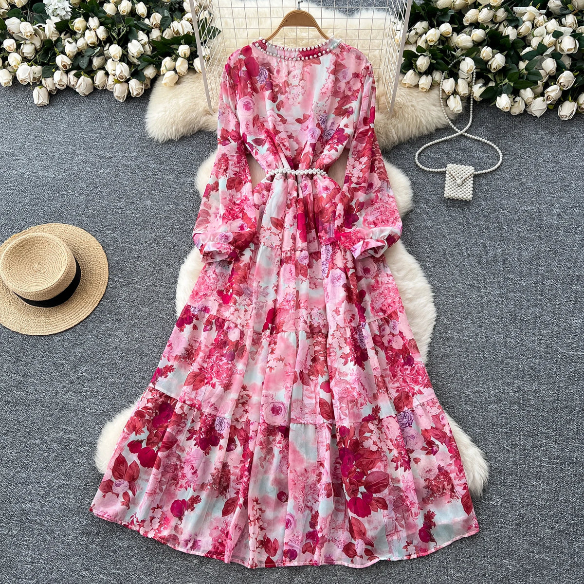 Boho V-Neck Lantern Sleeve Midi Dress