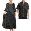 Pink Tribal Floral Matching Couple Outfit Ladies Flare Sleeve Long Dress Men Aloha Shirt Tropical Beach Vacation Matching Set