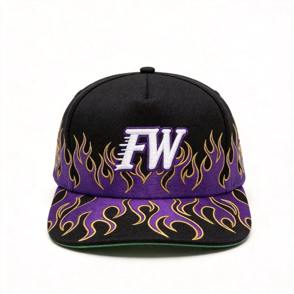 High Quality 5 Panel Snapback Hat Custom Logo Flame Embroidery Baseball Cap