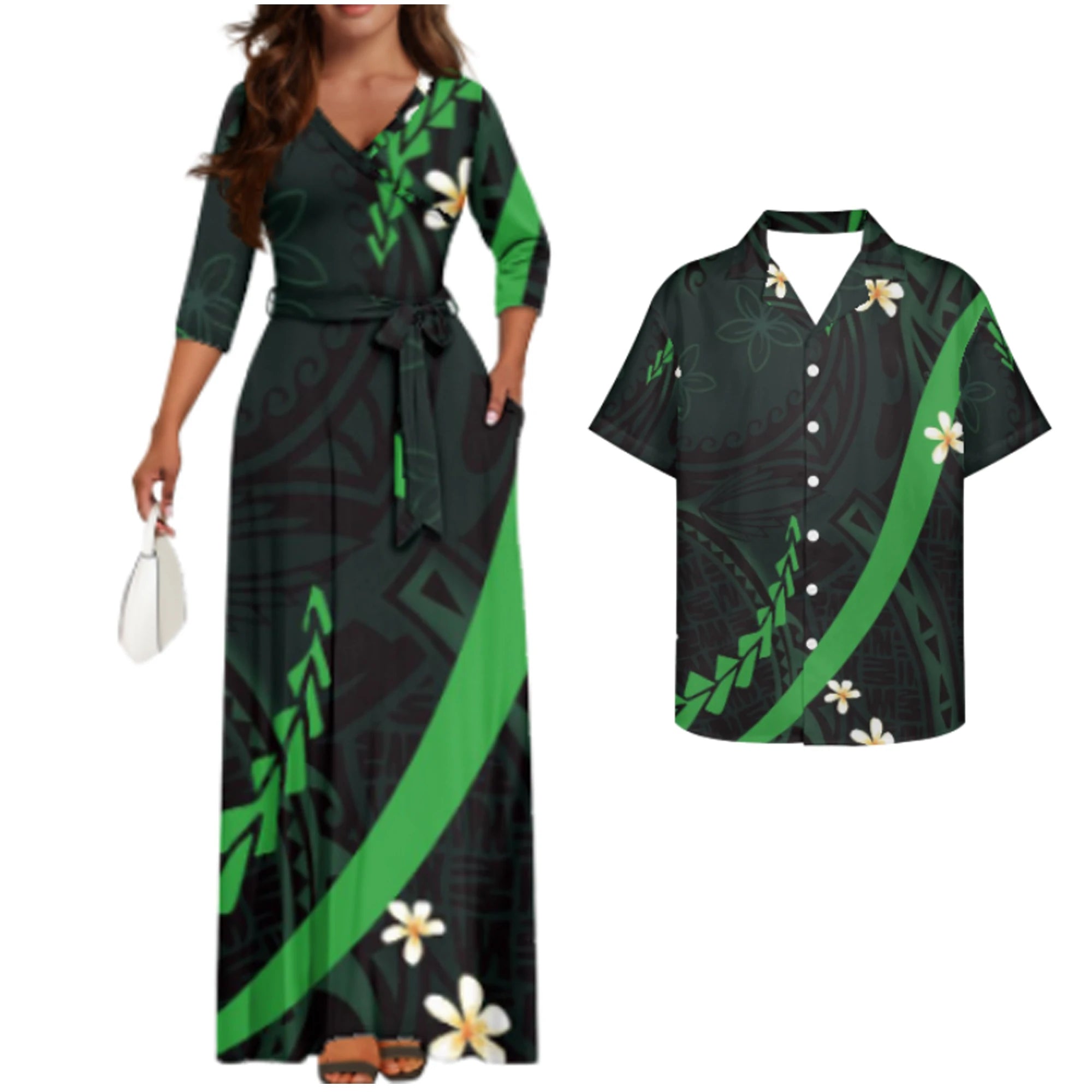 Vintage Couples Matchable Outfits His and Hers Matching Set Women Casual Long Maxi Dress with Pockets Men Hawaiian Design Shirts