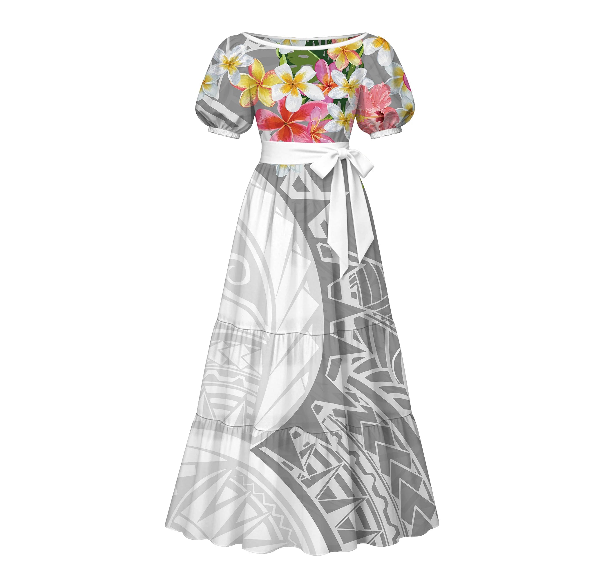 Factory Custom Split Teal White Red Polynesian Tribal Print Maxi Dress Women Boat Neck Puff Short Sleeve Pacific Island Dress