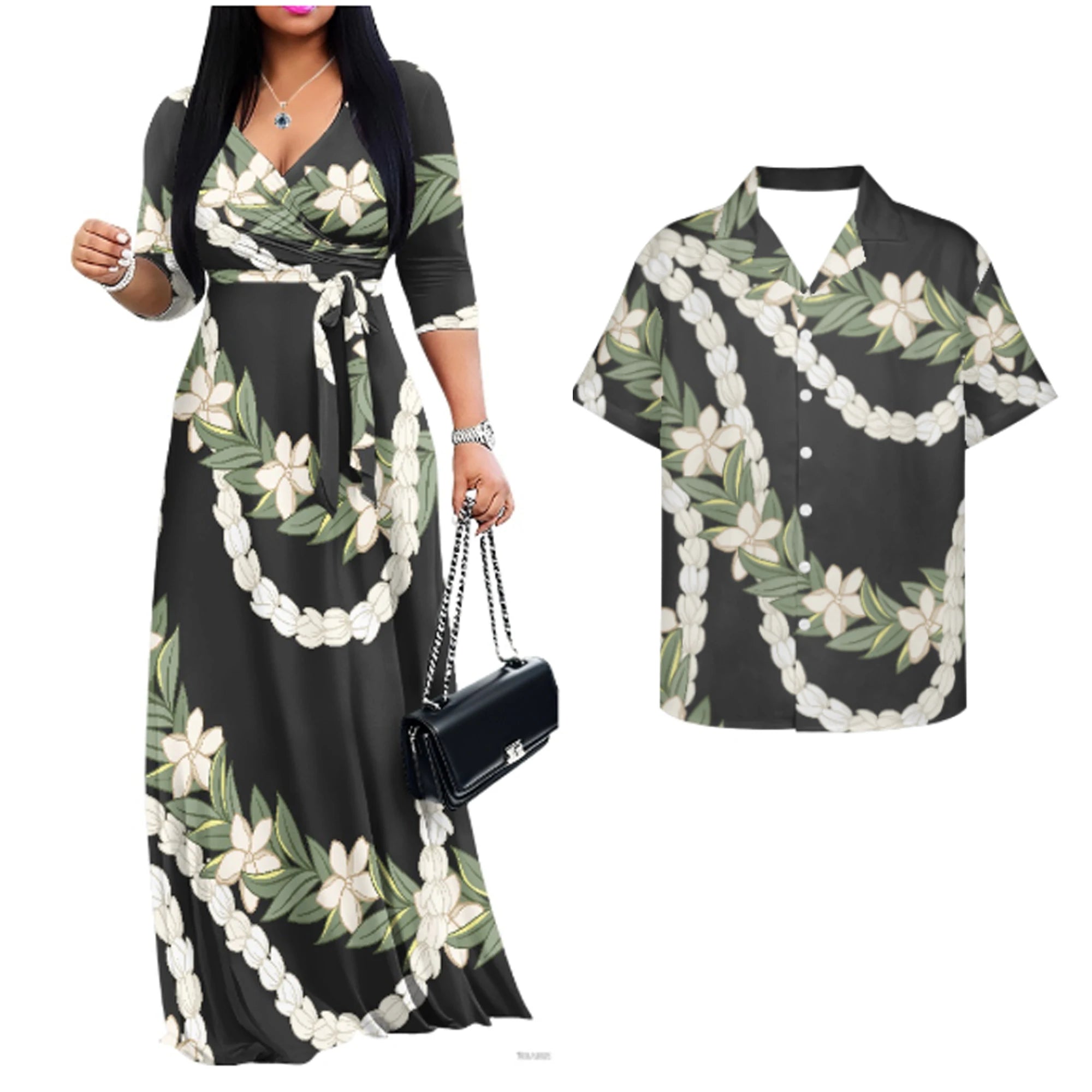 Vintage Couples Matchable Outfits His and Hers Matching Set Women Casual Long Maxi Dress with Pockets Men Hawaiian Design Shirts
