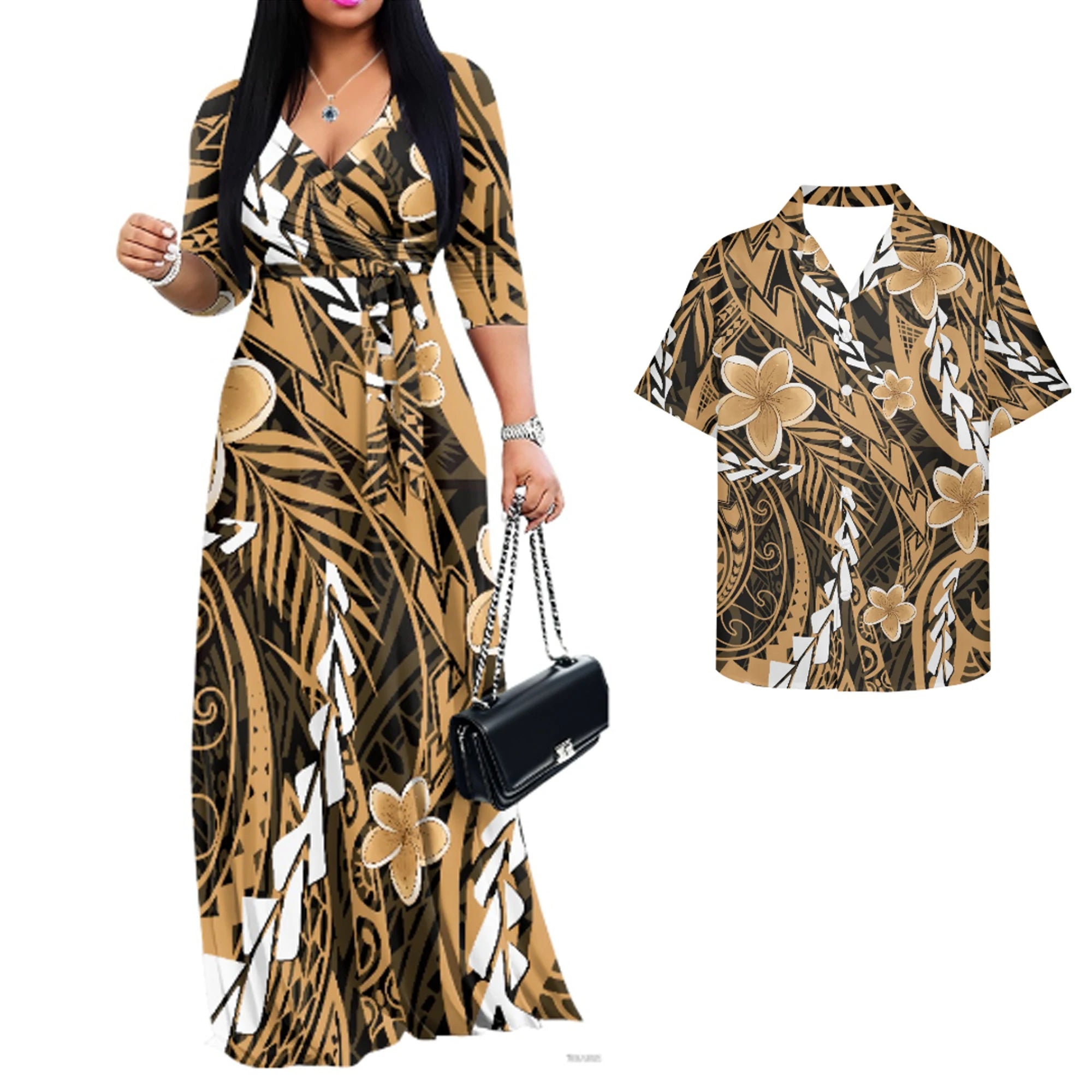Vintage Couples Matchable Outfits His and Hers Matching Set Women Casual Long Maxi Dress with Pockets Men Hawaiian Design Shirts