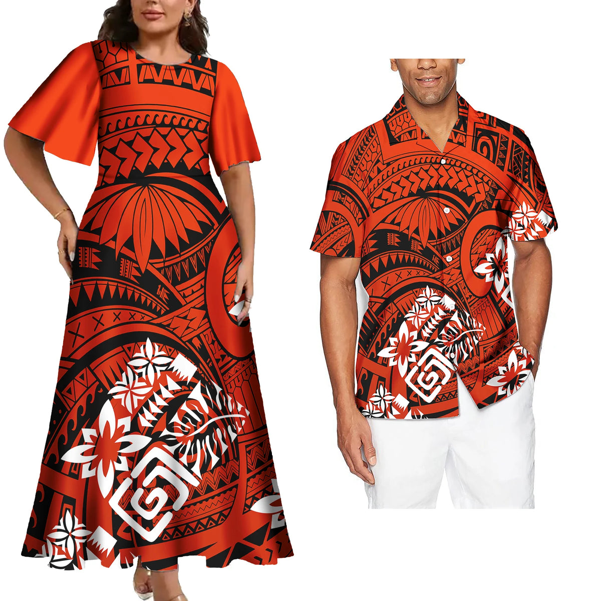 Hot Sales Polynesian Samoan Tribal Custom Design Women's Big Size Dress Match Men Shirts 2 Pcs Tattoo Sets of Couple
