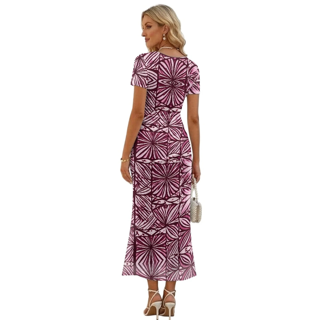Fashion Trendy Polynesian Samoan Tattoo Tapa Design Plus Size Women Long Party Dress Round Neck Short Sleeved Elegant Slim Dress