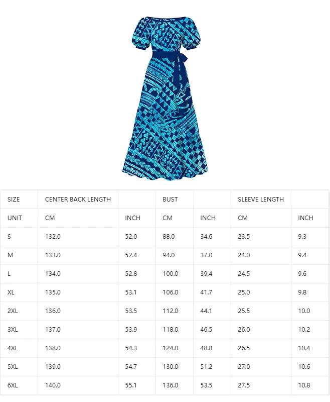 Made to Order Tonga Polynesian Hibiscus Tribal Motif Puff Sleeve Tiered Maxi Dress square Neck Ladies Island Daily Apparel
