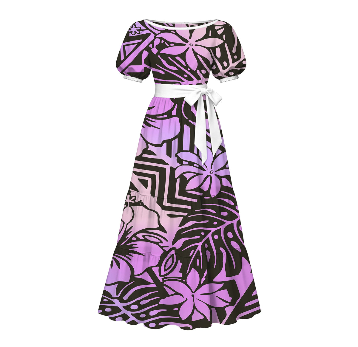 Factory Custom Split Teal White Red Polynesian Tribal Print Maxi Dress Women Boat Neck Puff Short Sleeve Pacific Island Dress