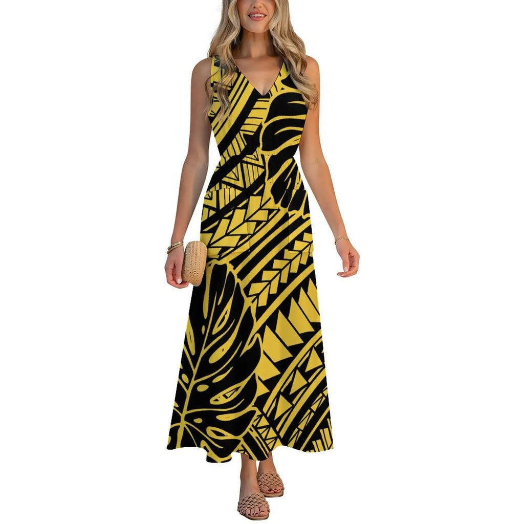 Factory Wholesale Price Custom Sleeveless Design Ladies Dresses Pacific Island Design V-neck Vest I-pocket Dress Womens Dress