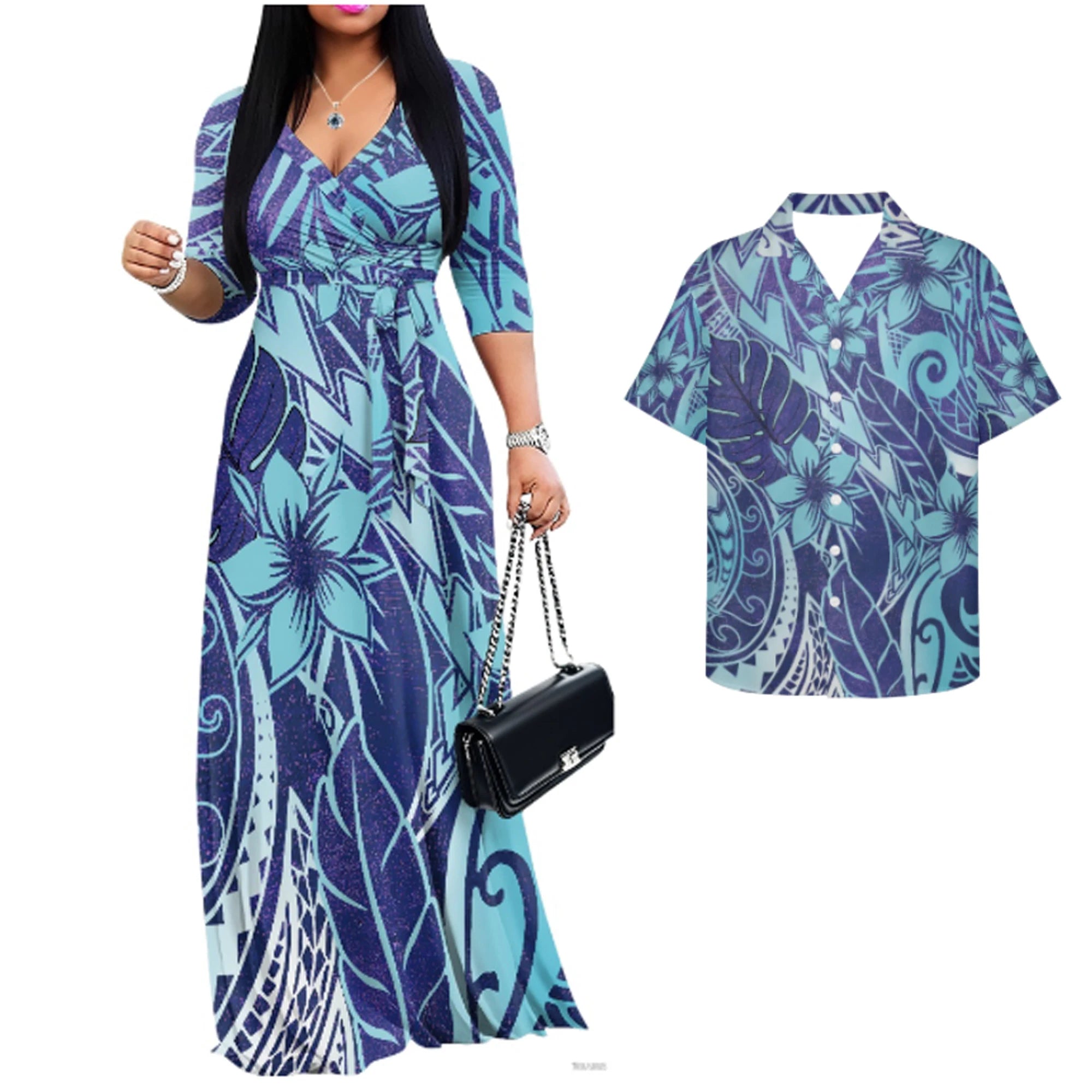 Vintage Couples Matchable Outfits His and Hers Matching Set Women Casual Long Maxi Dress with Pockets Men Hawaiian Design Shirts