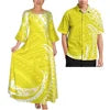 Pink Tribal Floral Matching Couple Outfit Ladies Flare Sleeve Long Dress Men Aloha Shirt Tropical Beach Vacation Matching Set