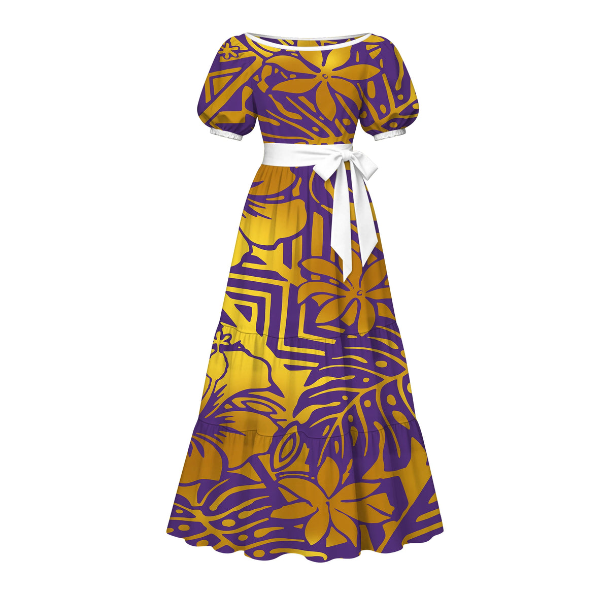 Factory Custom Split Teal White Red Polynesian Tribal Print Maxi Dress Women Boat Neck Puff Short Sleeve Pacific Island Dress