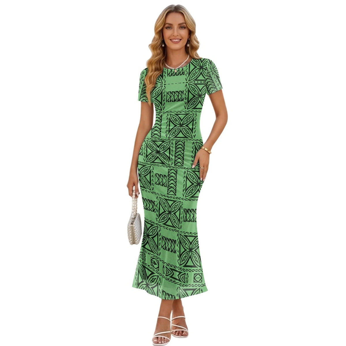 Fashion Trendy Polynesian Samoan Tattoo Tapa Design Plus Size Women Long Party Dress Round Neck Short Sleeved Elegant Slim Dress
