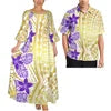Pink Tribal Floral Matching Couple Outfit Ladies Flare Sleeve Long Dress Men Aloha Shirt Tropical Beach Vacation Matching Set