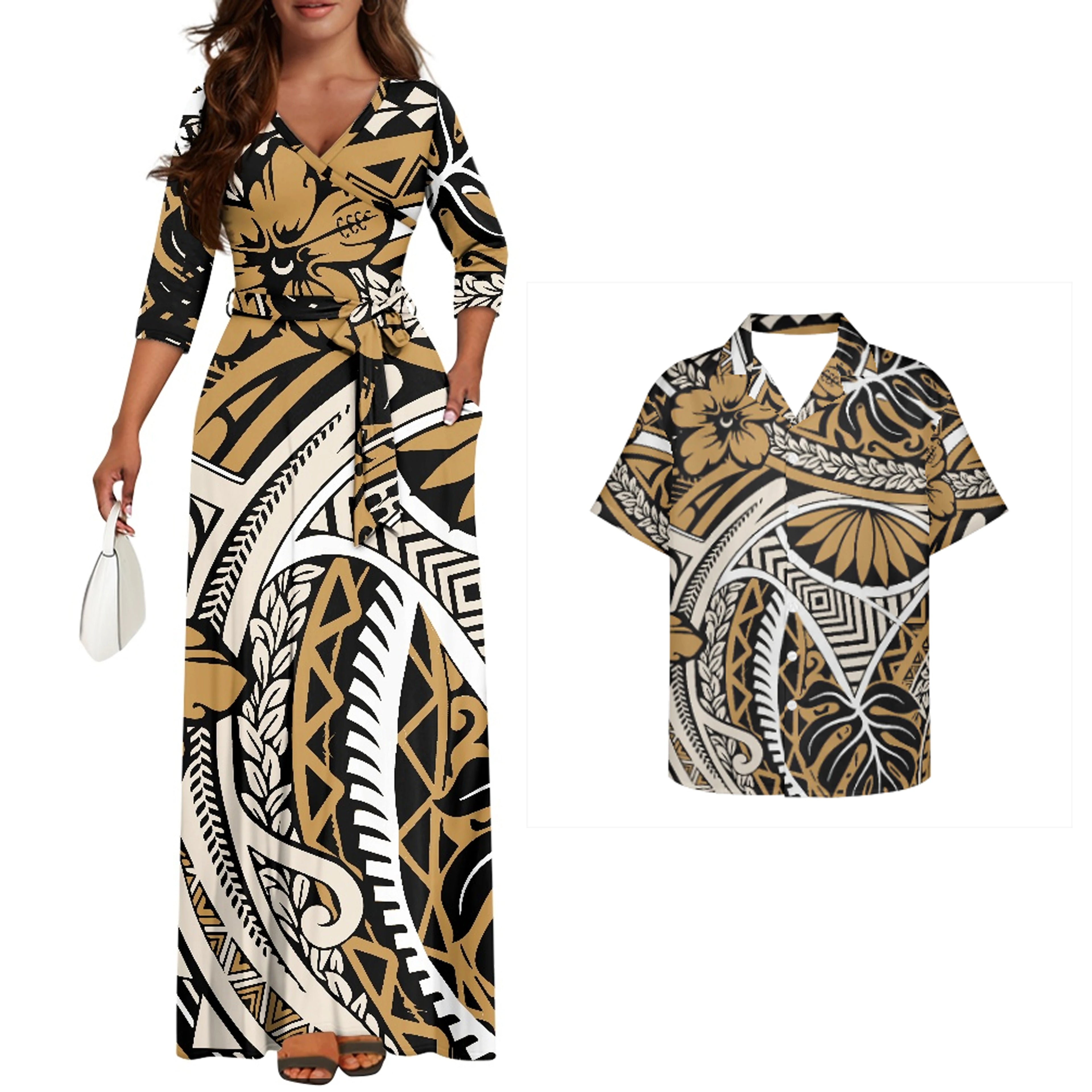 Vintage Couples Matchable Outfits His and Hers Matching Set Women Casual Long Maxi Dress with Pockets Men Hawaiian Design Shirts