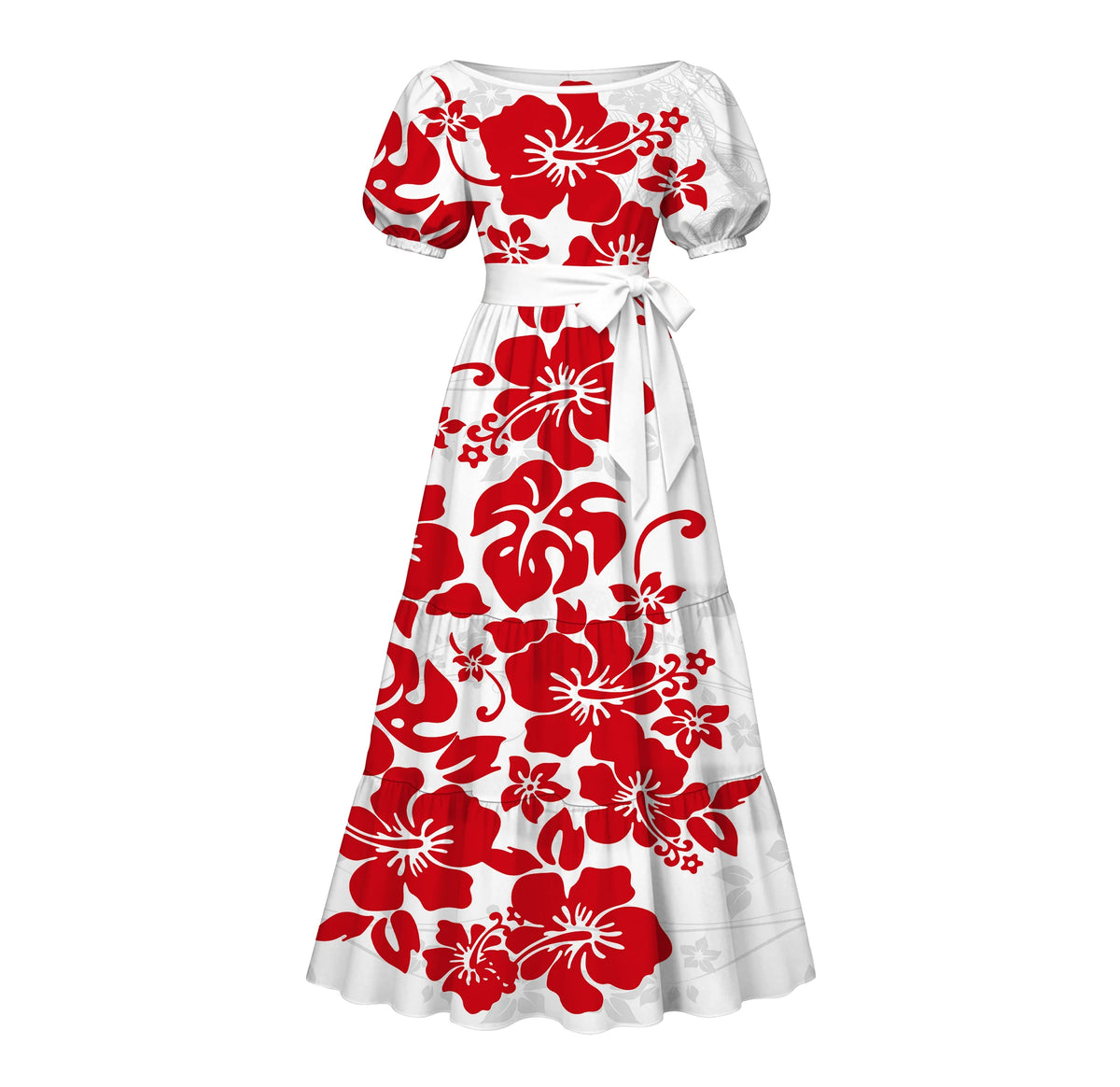 Factory Custom Split Teal White Red Polynesian Tribal Print Maxi Dress Women Boat Neck Puff Short Sleeve Pacific Island Dress