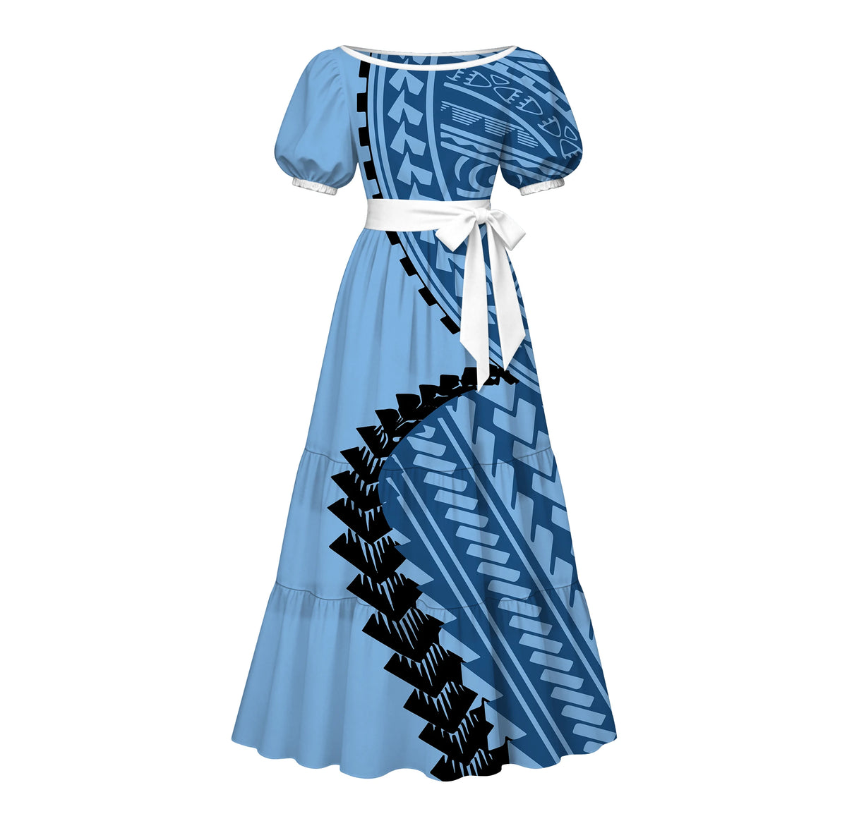 Factory Custom Split Teal White Red Polynesian Tribal Print Maxi Dress Women Boat Neck Puff Short Sleeve Pacific Island Dress