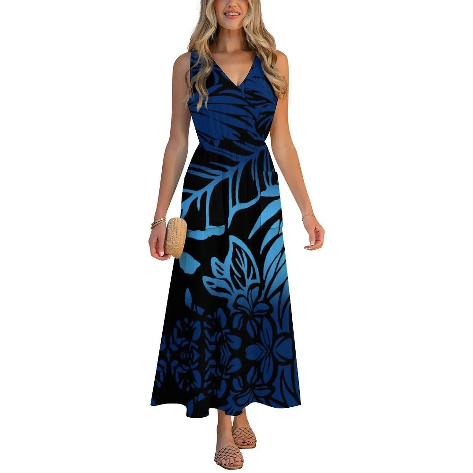Factory Wholesale Price Custom Sleeveless Design Ladies Dresses Pacific Island Design V-neck Vest I-pocket Dress Womens Dress