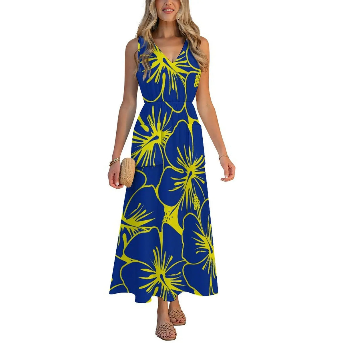 Factory Wholesale Price Custom Sleeveless Design Ladies Dresses Pacific Island Design V-neck Vest I-pocket Dress Womens Dress