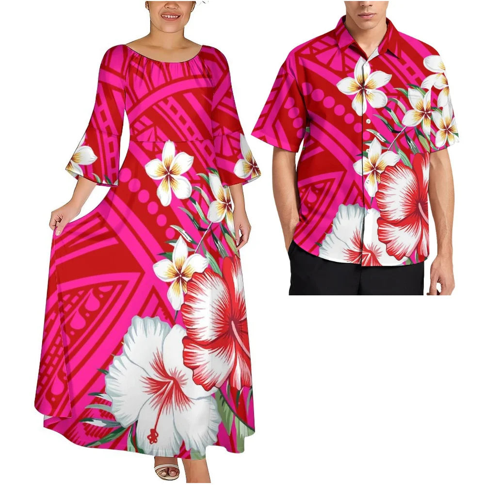 Pink Tribal Floral Matching Couple Outfit Ladies Flare Sleeve Long Dress Men Aloha Shirt Tropical Beach Vacation Matching Set
