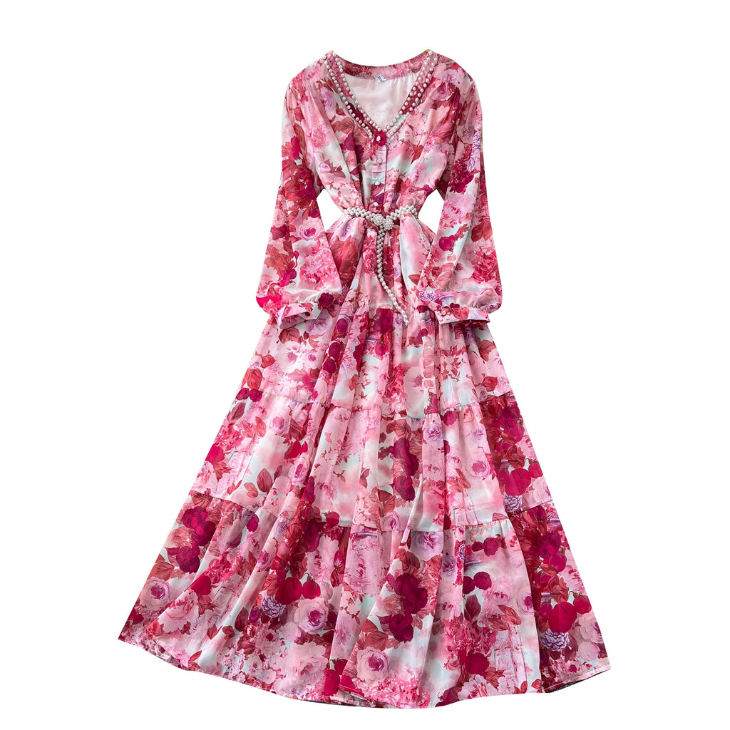 Boho V-Neck Lantern Sleeve Midi Dress