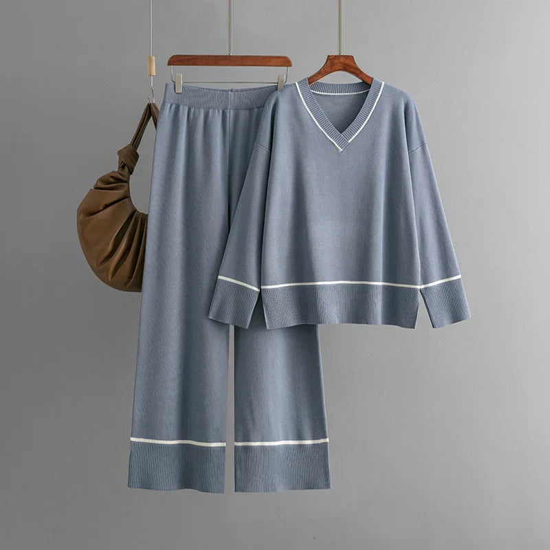 Women's Two-Piece Set V-Neck Pullover Sweater Loose Knitted Pants Solid Casual for Autumn Fashionable Ropa De Mujer Roupas