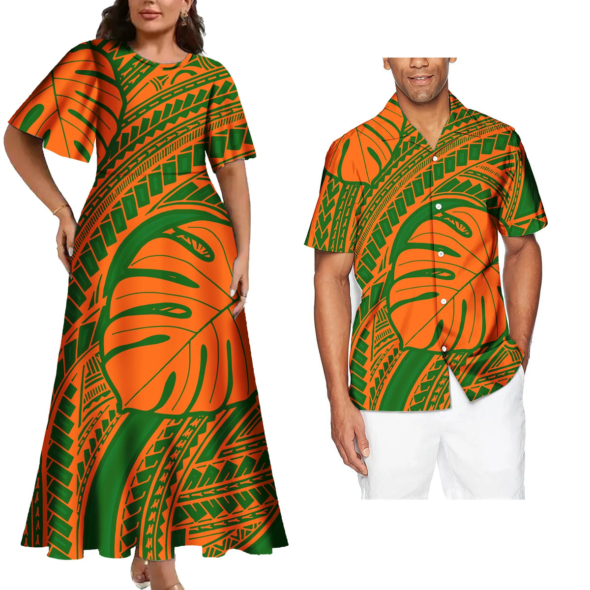 Hot Sales Polynesian Samoan Tribal Custom Design Women's Big Size Dress Match Men Shirts 2 Pcs Tattoo Sets of Couple