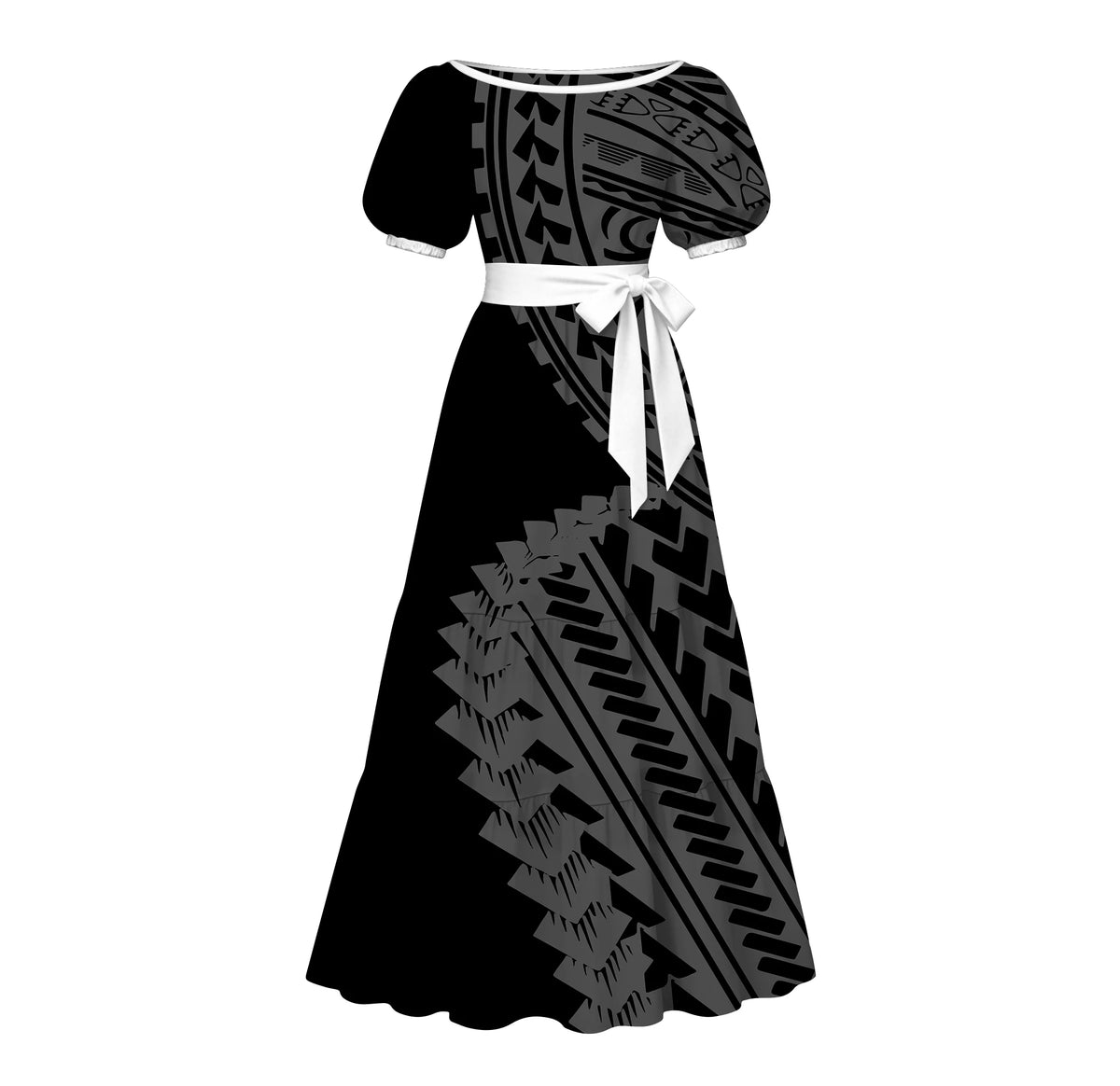 Factory Custom Split Teal White Red Polynesian Tribal Print Maxi Dress Women Boat Neck Puff Short Sleeve Pacific Island Dress