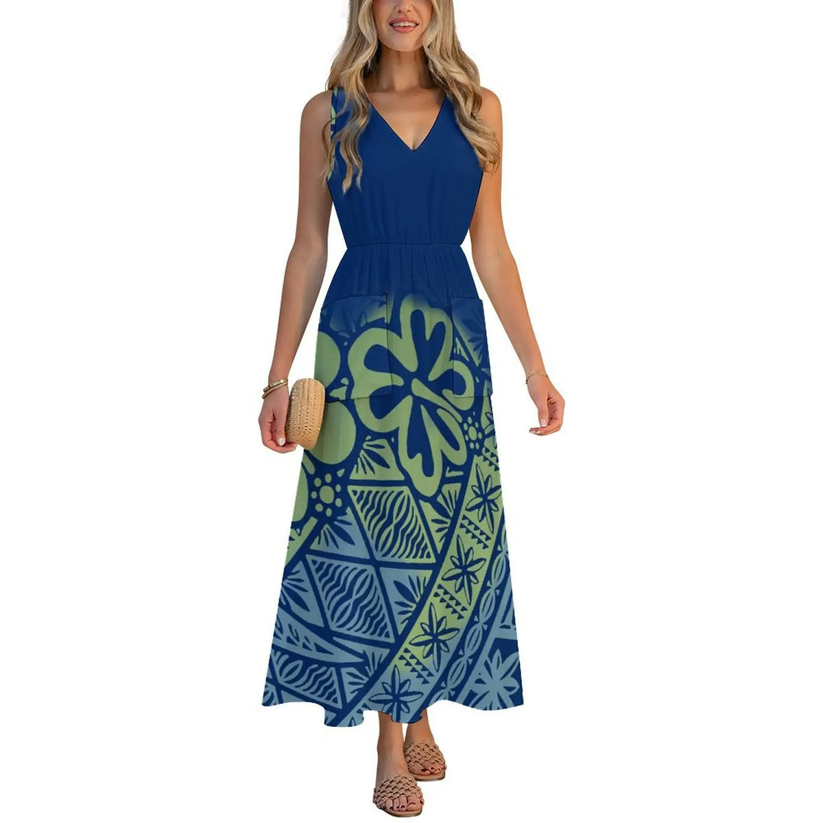 Factory Wholesale Price Custom Sleeveless Design Ladies Dresses Pacific Island Design V-neck Vest I-pocket Dress Womens Dress