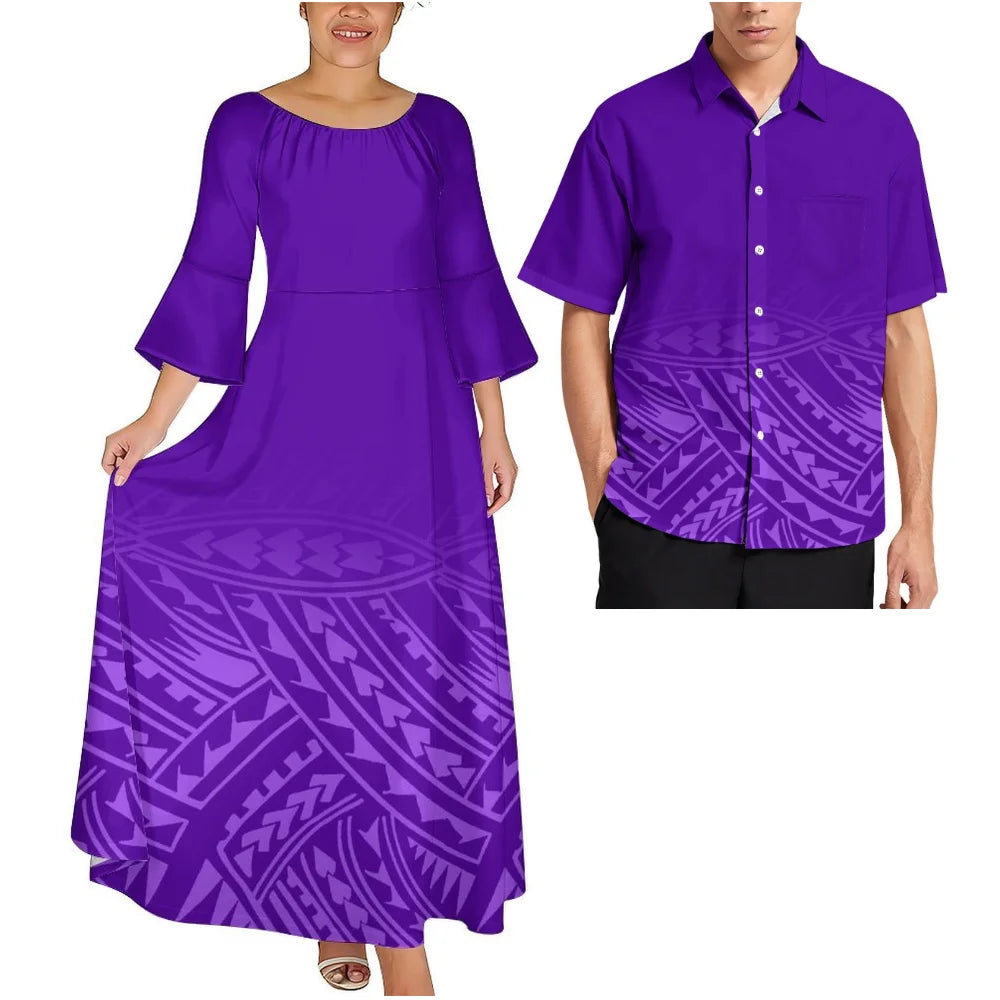 Pink Tribal Floral Matching Couple Outfit Ladies Flare Sleeve Long Dress Men Aloha Shirt Tropical Beach Vacation Matching Set
