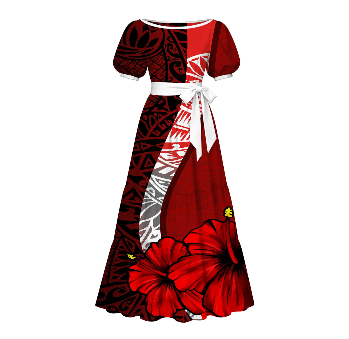 Factory Custom Split Teal White Red Polynesian Tribal Print Maxi Dress Women Boat Neck Puff Short Sleeve Pacific Island Dress
