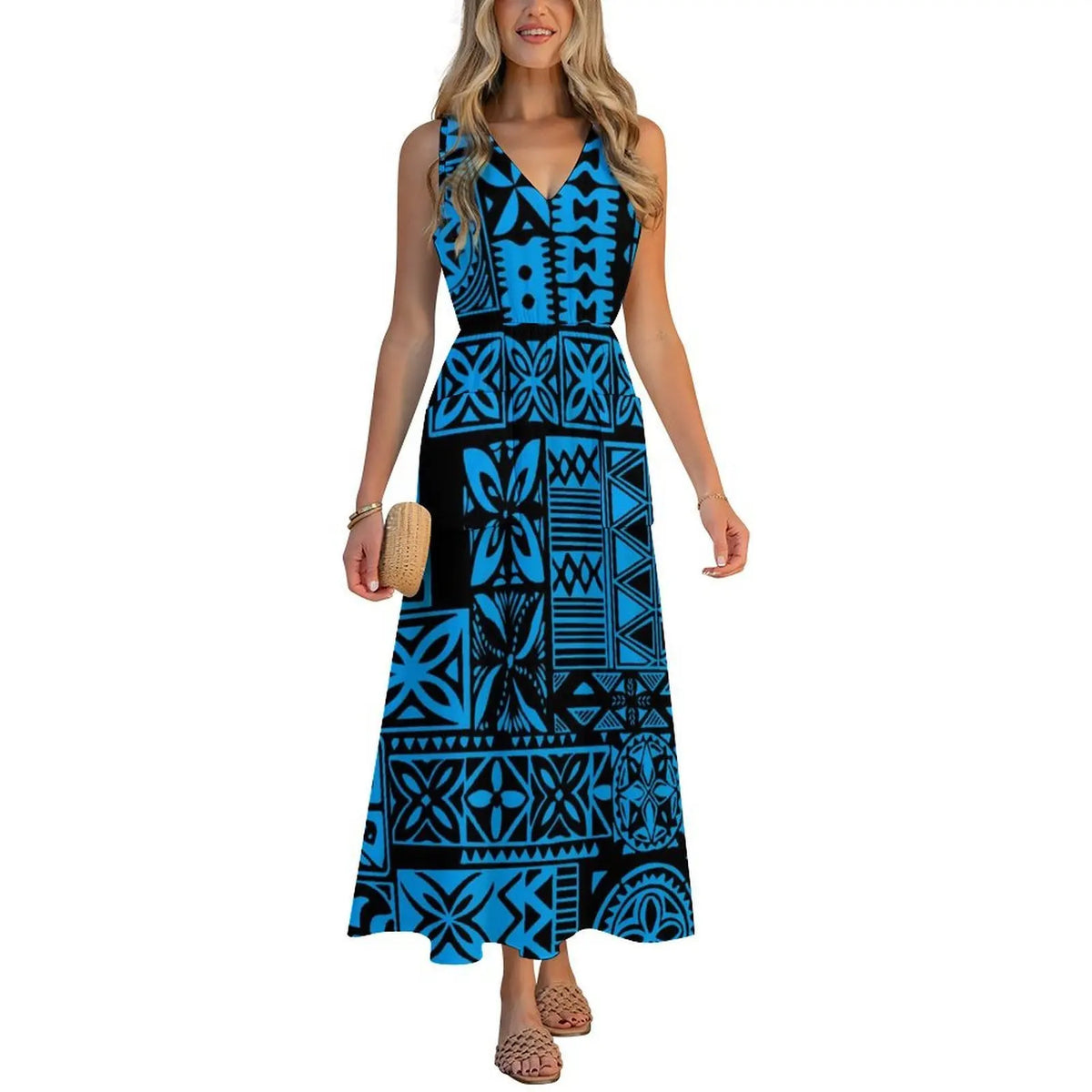 Factory Wholesale Price Custom Sleeveless Design Ladies Dresses Pacific Island Design V-neck Vest I-pocket Dress Womens Dress