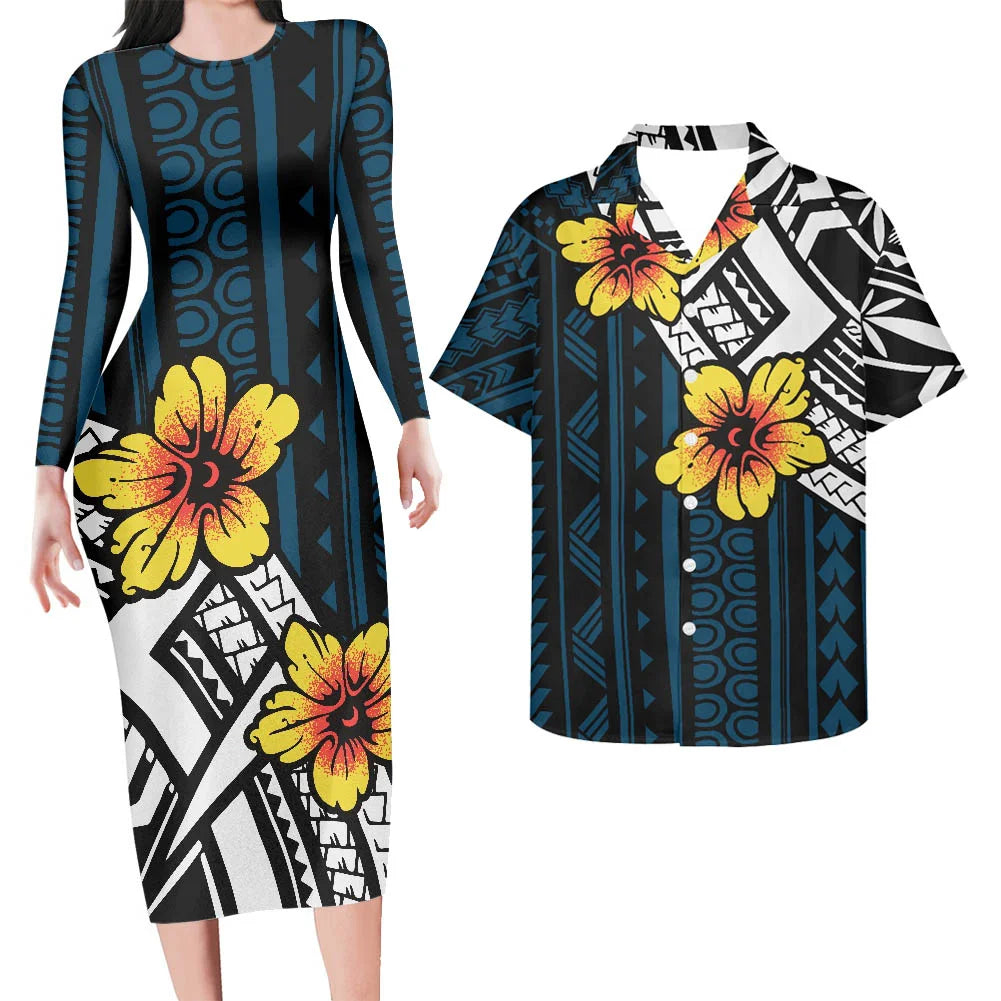 Valentine's Days Couple Clothing Set Plus Size Women's Dresses Matching Men Shirts Pacific Island Pattern Women Elegant Dresses