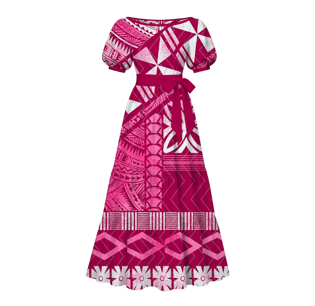 Made to Order Tonga Polynesian Hibiscus Tribal Motif Puff Sleeve Tiered Maxi Dress square Neck Ladies Island Daily Apparel