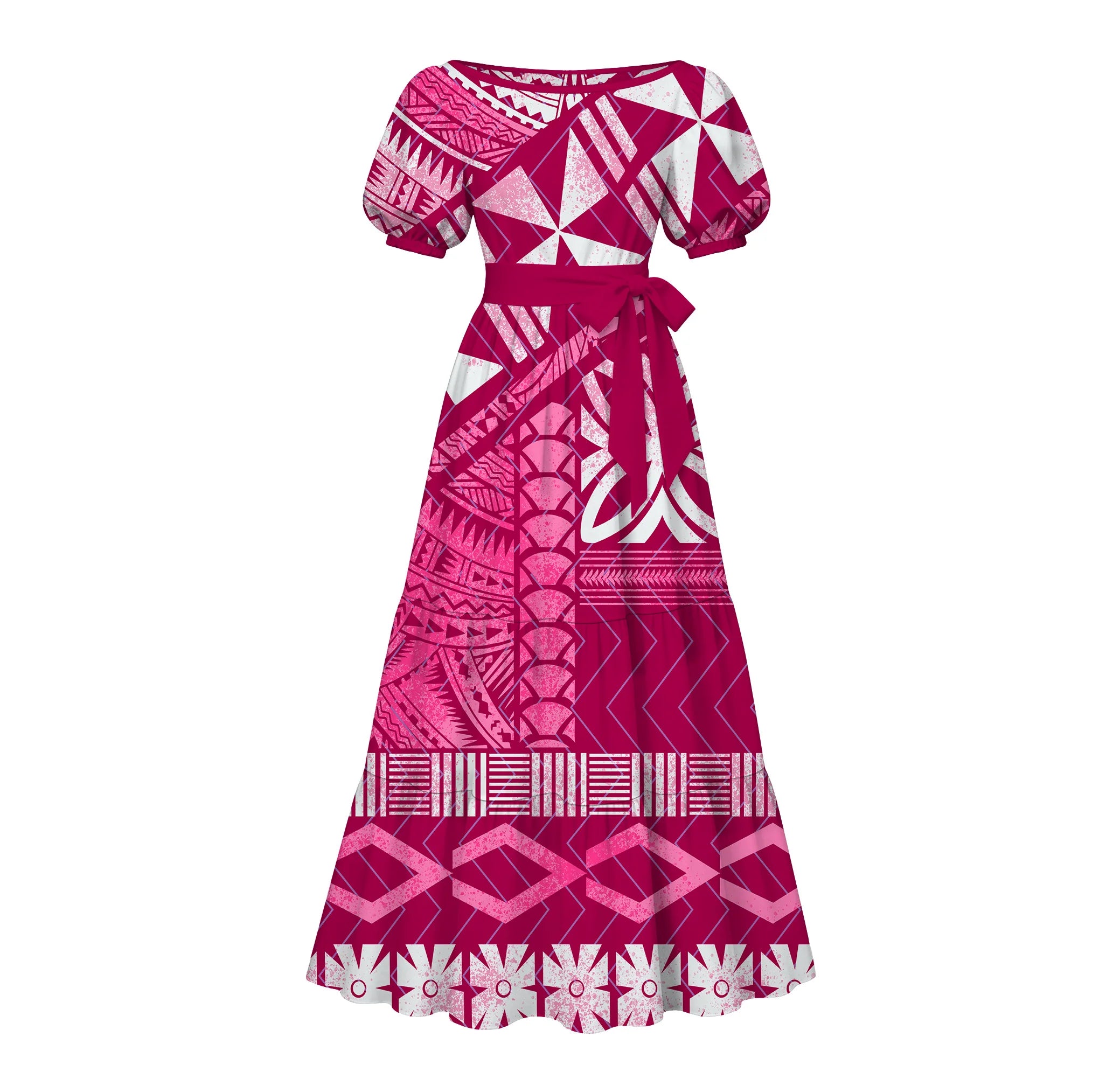 Made to Order Tonga Polynesian Hibiscus Tribal Motif Puff Sleeve Tiered Maxi Dress square Neck Ladies Island Daily Apparel