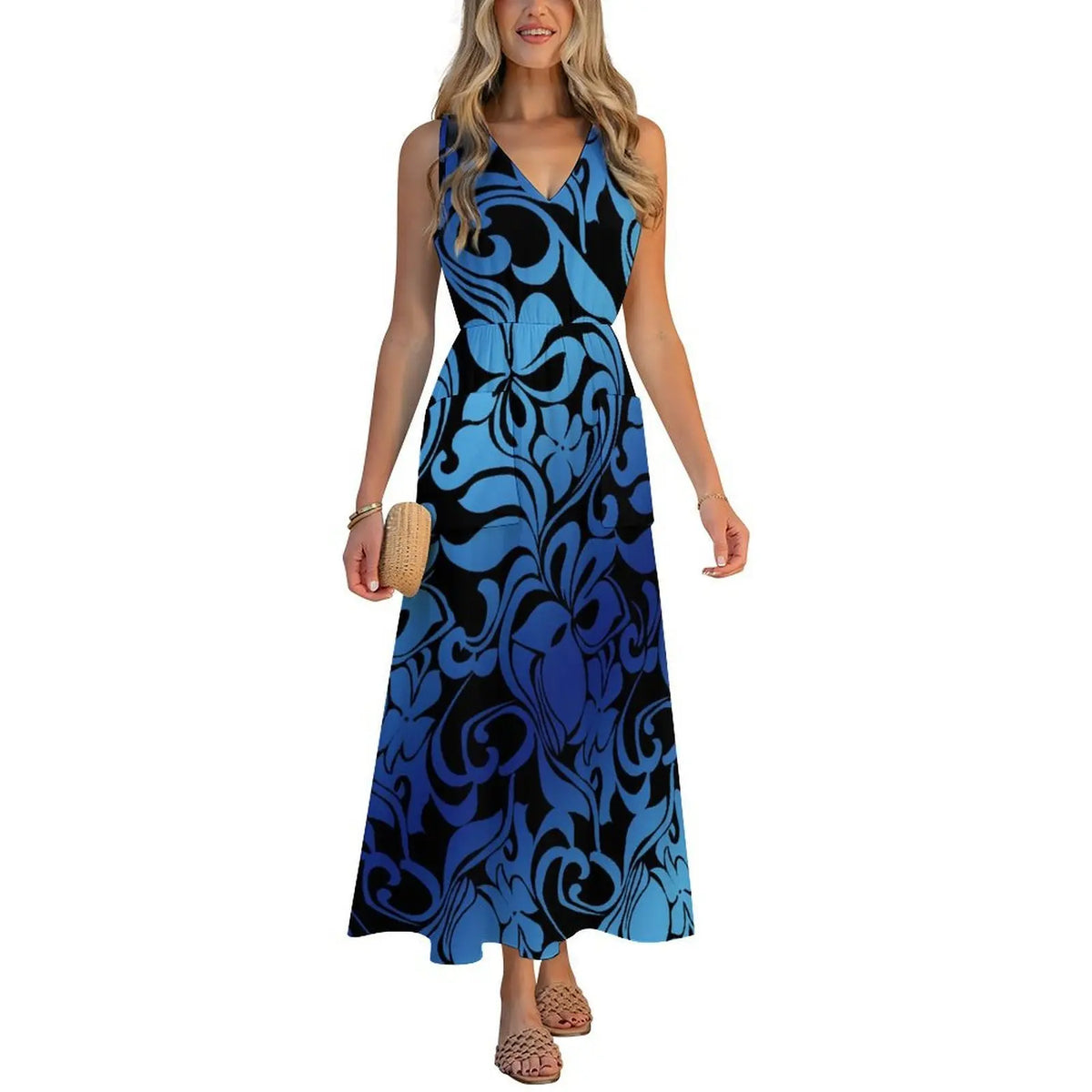Factory Wholesale Price Custom Sleeveless Design Ladies Dresses Pacific Island Design V-neck Vest I-pocket Dress Womens Dress