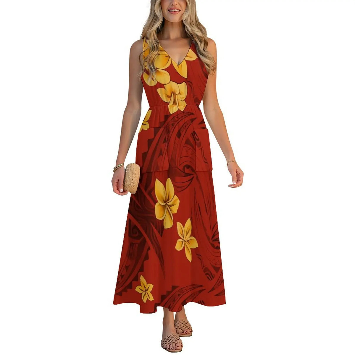 Factory Wholesale Price Custom Sleeveless Design Ladies Dresses Pacific Island Design V-neck Vest I-pocket Dress Womens Dress