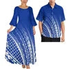 Pink Tribal Floral Matching Couple Outfit Ladies Flare Sleeve Long Dress Men Aloha Shirt Tropical Beach Vacation Matching Set